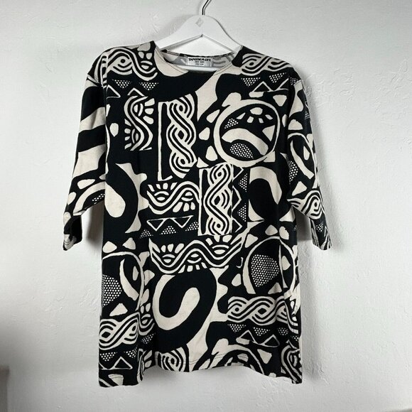 Vintage Tapemeasure Women's Geometric Pattern Half Sleeve Blouse Black Medium - Picture 1 of 8